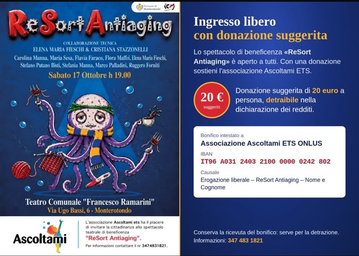 Monterotondo, il teatro diventa solidarietà: in scena “ReSort Antiaging” a sostegno delle persone con autismo